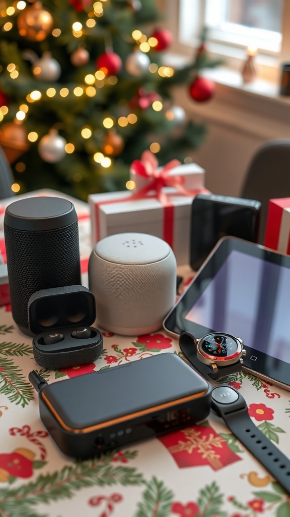A collection of electronic gifts for Christmas including a smart speaker, earbuds, tablet, smartwatch, and streaming device on a festive table.